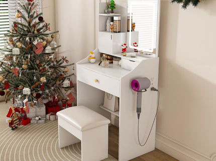 3 Color LED Vanity Mirror With Stool, 2 Drawers & 5 Storage Cabinets, Adjustable Lighting - White