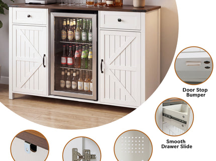 Coffee Bar With Mini Fridge Space & Built In Charging Station, Large Bar Cabinet With Drawers & Adjustable Shelves For Kitchen - White
