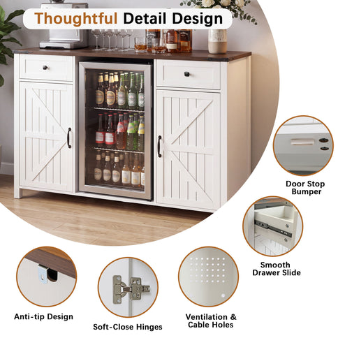 Coffee Bar With Mini Fridge Space & Built In Charging Station, Large Bar Cabinet With Drawers & Adjustable Shelves For Kitchen - White