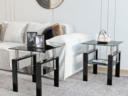 Modern Tempered Glass Tea Table, End Square Table For Living Room (Set of 2) - Black