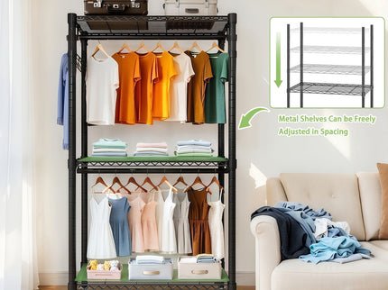 Heavy Duty Rolling Clothes Rack With 3 Tier Shelves, 2 Rails & Side Hooks, Adjustable Freestanding Organizer Metal - Black