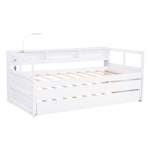 Daybed With 2 Trundles, 3 Storage Cubbies, Built In USB Charging Light
