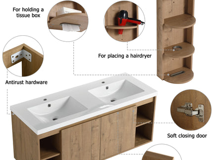 Modern 48" Wall Mounted Bathroom Vanity With Double Resin Sink And Storage Rack Soft Close Doors - Imitative Oak