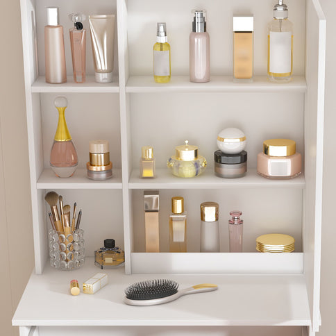 Modern Mini Dressing Table With Led-Lit Mirror & Hidden Storage, Adjustable Brightness Vanity Desk - White