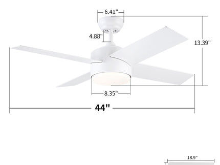Ceiling Fan With Remote Control, Reversible DC Motor, 6 Speeds, 3 Dimmable LED, Quiet Timer For Indoor - White