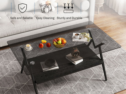 Rectangle Coffee Table With Tempered Glass Top And Shelf, Modern Table For Living Room