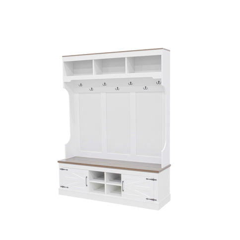 Hall Tree With Bench And Shoe Storage, 5 In 1 Entryway Organizer Cabinet With Coat Rack, 4 Shoe Cubbies & 7 Hooks - White