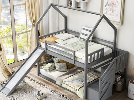 Twin Over Twin House Bunk Bed With Convertible Slide, Storage Staircase