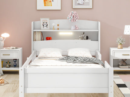 Wood Platform Bed With Built In LED Light, Storage Headboard And Guardrail