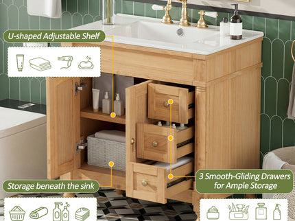 Modern Bathroom Vanity With Ceramic Sink, Soft Close Doors, Adjustable Shelves