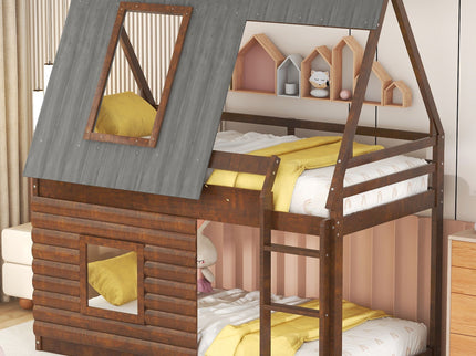 Wood Twin Size House Bunk Bed With Roof, Ladder And 2 Windows - Oak & Smoky Gray