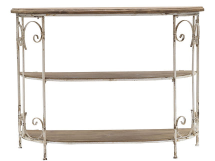 3 Tiered Wooden Shelving Unit With Ornate Iron Frame - Multicolor