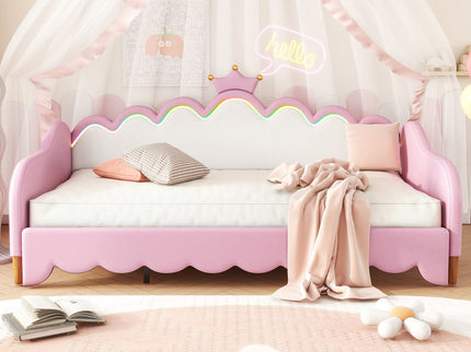 Extending Daybed With LED Lights, Modern Upholstered Princess Daybed With Crown Headboard