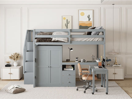 Loft Bed With Stairs, Bookshelf, Drawers, Desk & Wardrobe, Space Saving Multifunctional Furniture