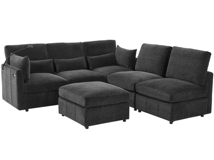 Modern Modular U-Shaped Sofa Bed With Movable Ottoman, USB Ports, Phone Holder