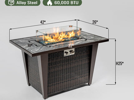 Fire Pit Table, Glass Wind Guard And Rain Cover, Lid - Brown