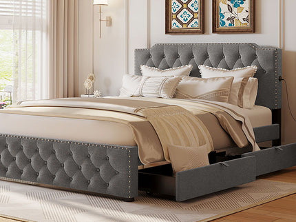 Upholstered Platform Bed With 2 Drawers And 2 Sets Of USB Ports On Each Side, Fabric