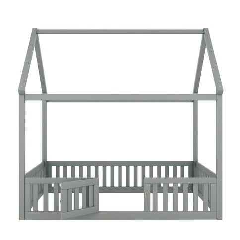 Wood House Bed With Fence And Door