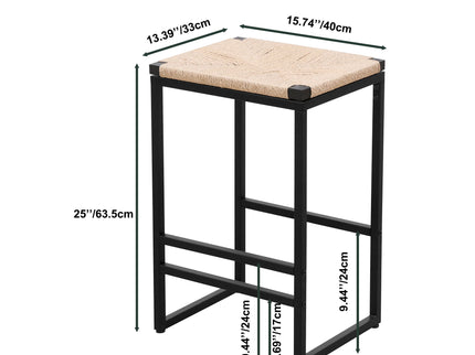 Boho Style Backless Bar Stools (Set of 2) With Paper Rope Woven Seat & Metal Frame For Kitchen Counter