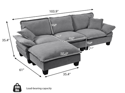 Modular Sectional Sofa With Movable Ottoman & Pillows