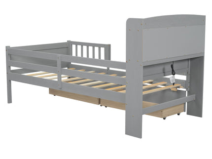 Platform Bed With LED Light, Multi Functional Headboard, Guardrail And 2 Drawers