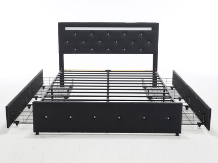 Upholstered Bed Frame With LED Lights, 4 Storage Drawers, Charging Station