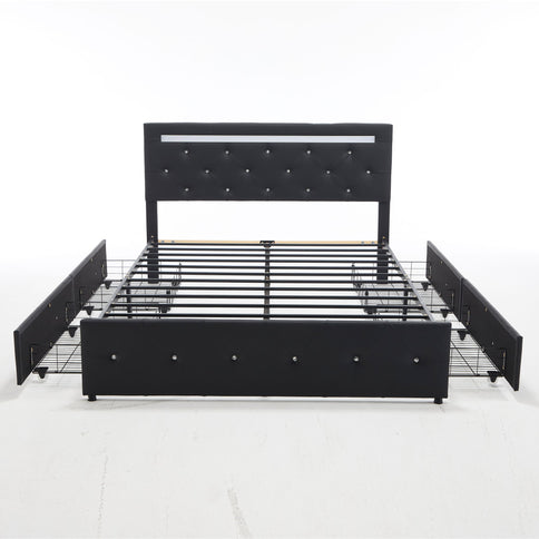 Upholstered Bed Frame With LED Lights, 4 Storage Drawers, Charging Station