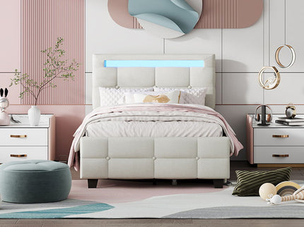 Upholstered Platform Bed With LED Frame, With Trundle And 2 Drawers