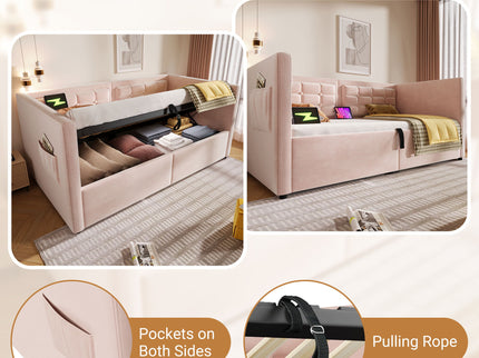 Upholstered Hydraulic Storage Daybed With USB & Type C Charging