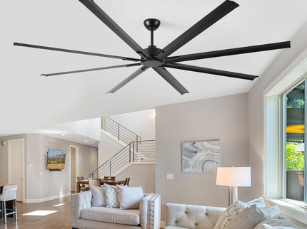 Industrial DC Motor Ceiling Fan, Large Ceiling Fan With 8 Reversible Blades, 5 Speed Remote Control, Home Or Commercial Ceiling Fans For Porch / Garage / Shop - Black