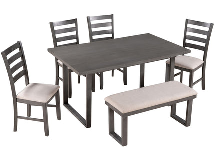 6 Pieces Family Furniture, Solid Wood Dining Room Set With Rectangular Table & 4 Chairs With Bench - Gray