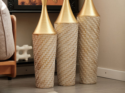 Floor Metal Vase Modern Style Decoration Home Woven Pattern Metal Vase 3 Piece Set Gorgeous Home Decoration Large Glazed Metal Vase - Champagne
