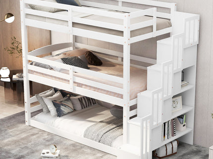 Twin Size Triple Bunk Bed With Storage Staircase, Separate Design - White