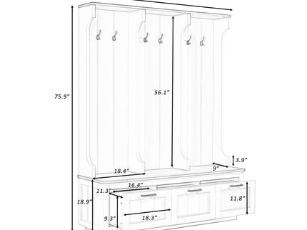 Hall Tree With Bench And Shoe Storage, 3 Large Drawers, Open Storage Shelves & Hooks