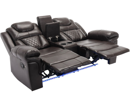 3 Pieces Recliner Sofa Sets Home Theater Seating Manual Recliner Chair & Center Console And LED Light Strip For Living Room - Brown