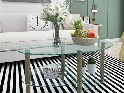 Transparent Oval Glass Coffee Table, Modern Table In Living Room Oak Wood Leg Tea Table 3-Layer Glass Table