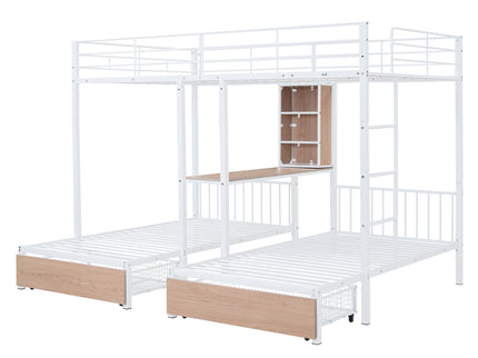 Triple Bunk Bed With Drawers, Multi-Functional Frame With Desks And Shelves In The Middle