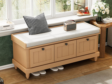 Shoe Bench With Cushion And 3 Drawers - Natural
