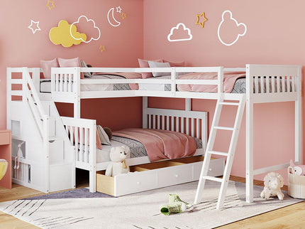 Solid L Shaped Bunk Bed With 3 Drawers, Ladder And Staircase
