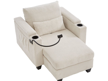 Convertible Chaise Lounge Sofa Chair With USB Ports, Cup Holders, Phone Holder And Storage