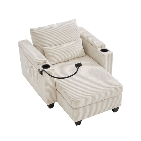Convertible Chaise Lounge Sofa Chair With USB Ports, Cup Holders, Phone Holder And Storage