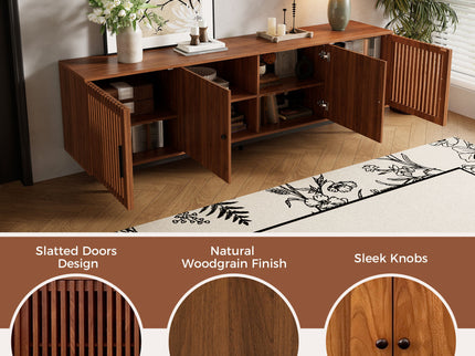 TV Stand, Media Console & Soft Closing Hinges, Adjustable Shelves, Slatted Doors - Walnut