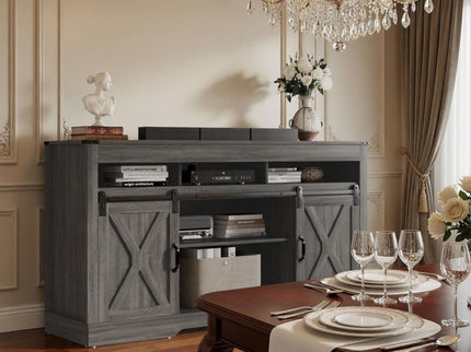 Farmhouse TV Stand With Sliding Barn Doors & Adjustable Storage