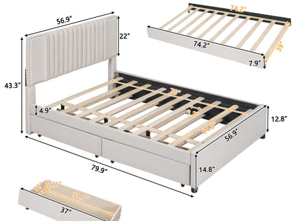 Upholstered Platform Bed With Drawers, Classic Headboard Design
