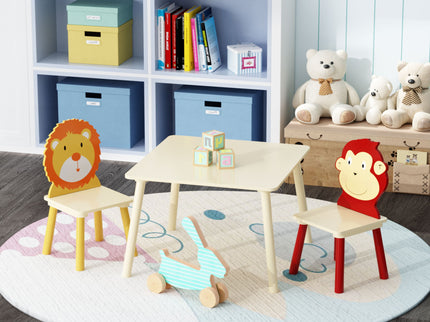 Kids Table And 2 Chairs Set, 3 Pieces Toddler Table And Chair Set, Wooden Activity Play Table Set (Lion&Monkey) - Natural