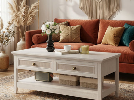 Coffee Table With Drawers & Storage Shelf - White