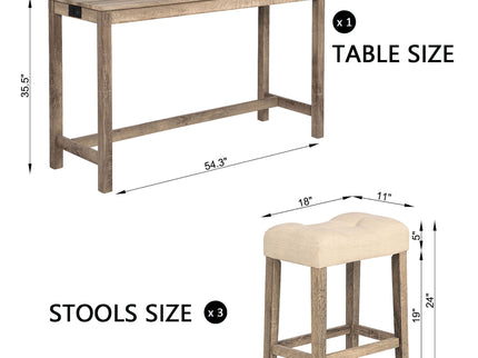 4 Piece Bar Table Set With Power Outlet, 3 Padded Stools