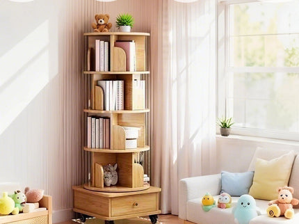 Rotating Bookshelf With Wheels And Drawer, 360° Spinning Design, Space Saving Storage