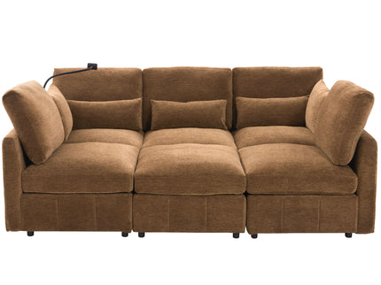 Modern Modular U-Shaped Sofa Bed With Movable Ottoman, USB Ports, Phone Holder