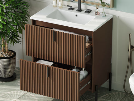 Fluted Bathroom Vanity With Ceramic Sink, Freestanding Design